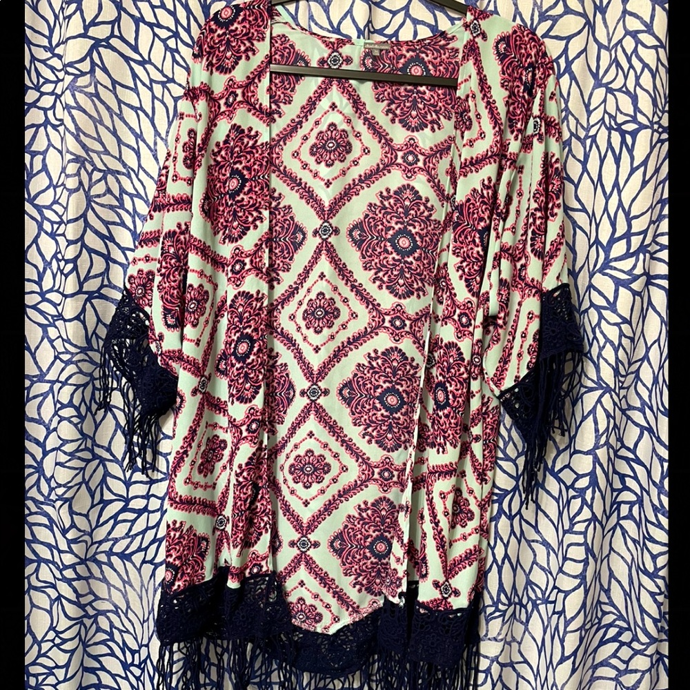 Charlotte Russe Kimono Cardigan M Blue and Pink